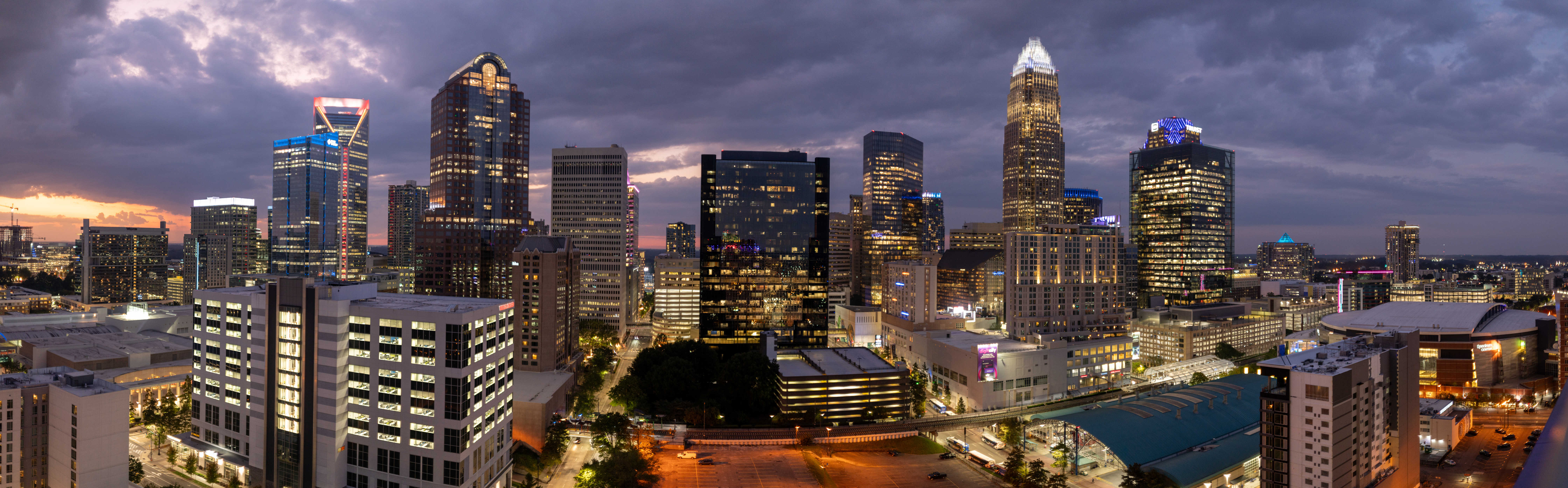 View of Charlotte by night from Fahrenheit Rooftop bar